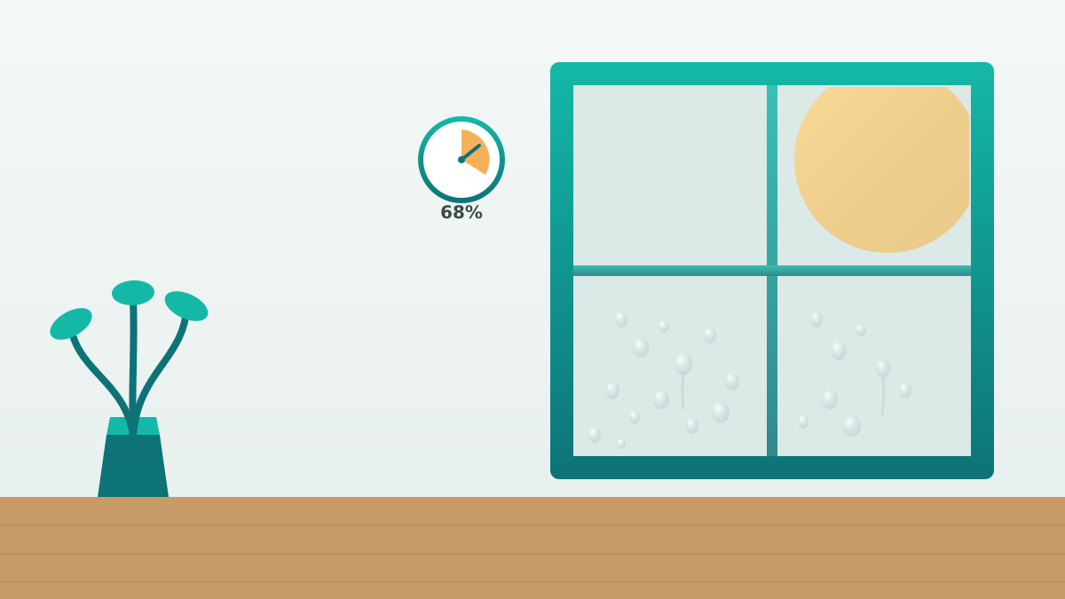 Why Is My Room So Humid? 6 Causes and How to Fix Them 1 Illustration of a humid room: a window fogged with condensation next to a hygrometer reading 68% humidity